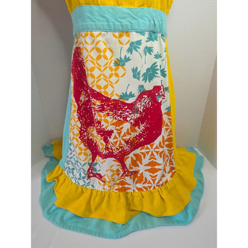 World Market Yellow Farmhouse Hen Apron W/ Ruffle Hem Teal Accents and Pocket - Picture 3 of 6
